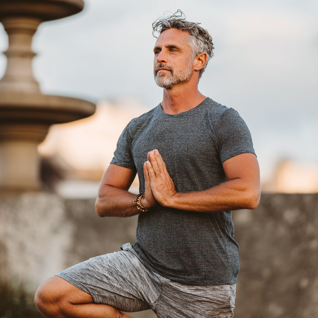 Mature man in his 40s doing yoga tree pose outdoors with focused expression and balanced stance
