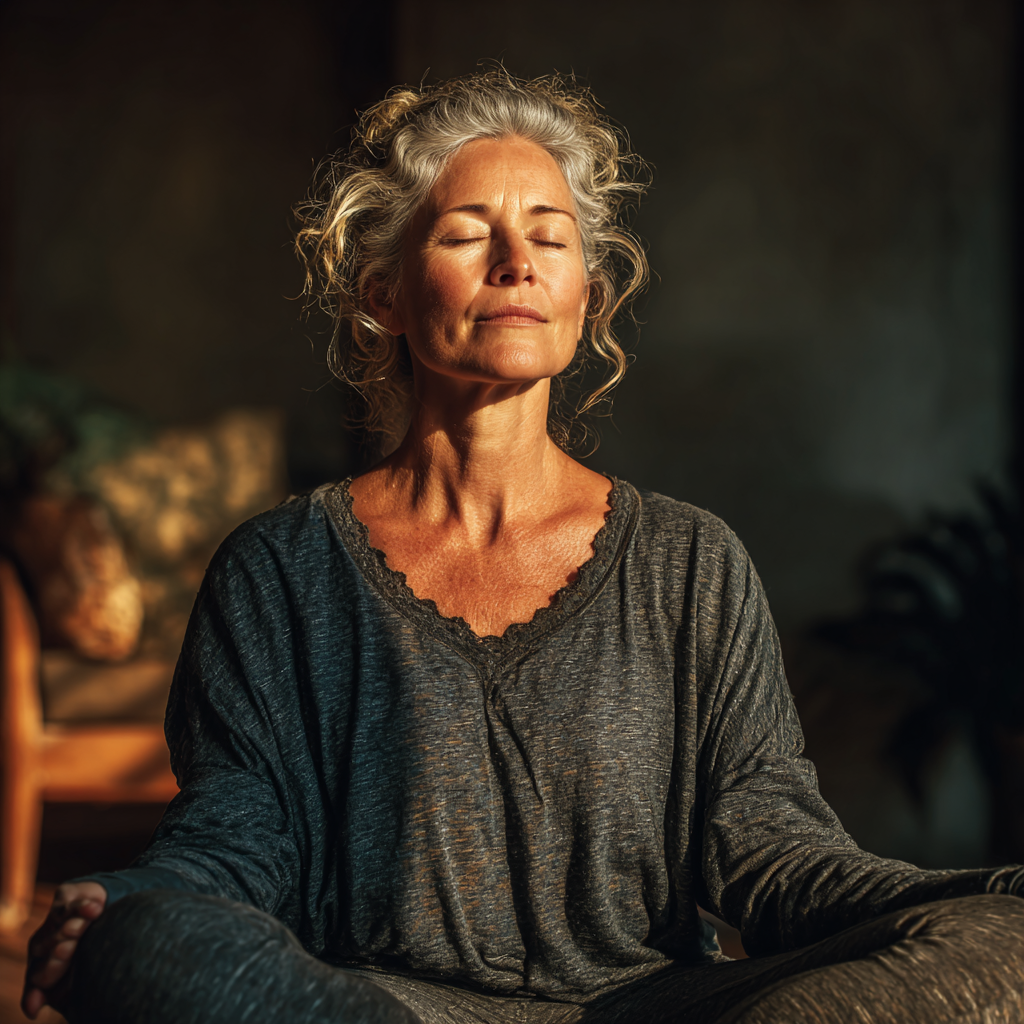 Peaceful woman in her 50s practicing meditation in lotus position with closed eyes and serene expression