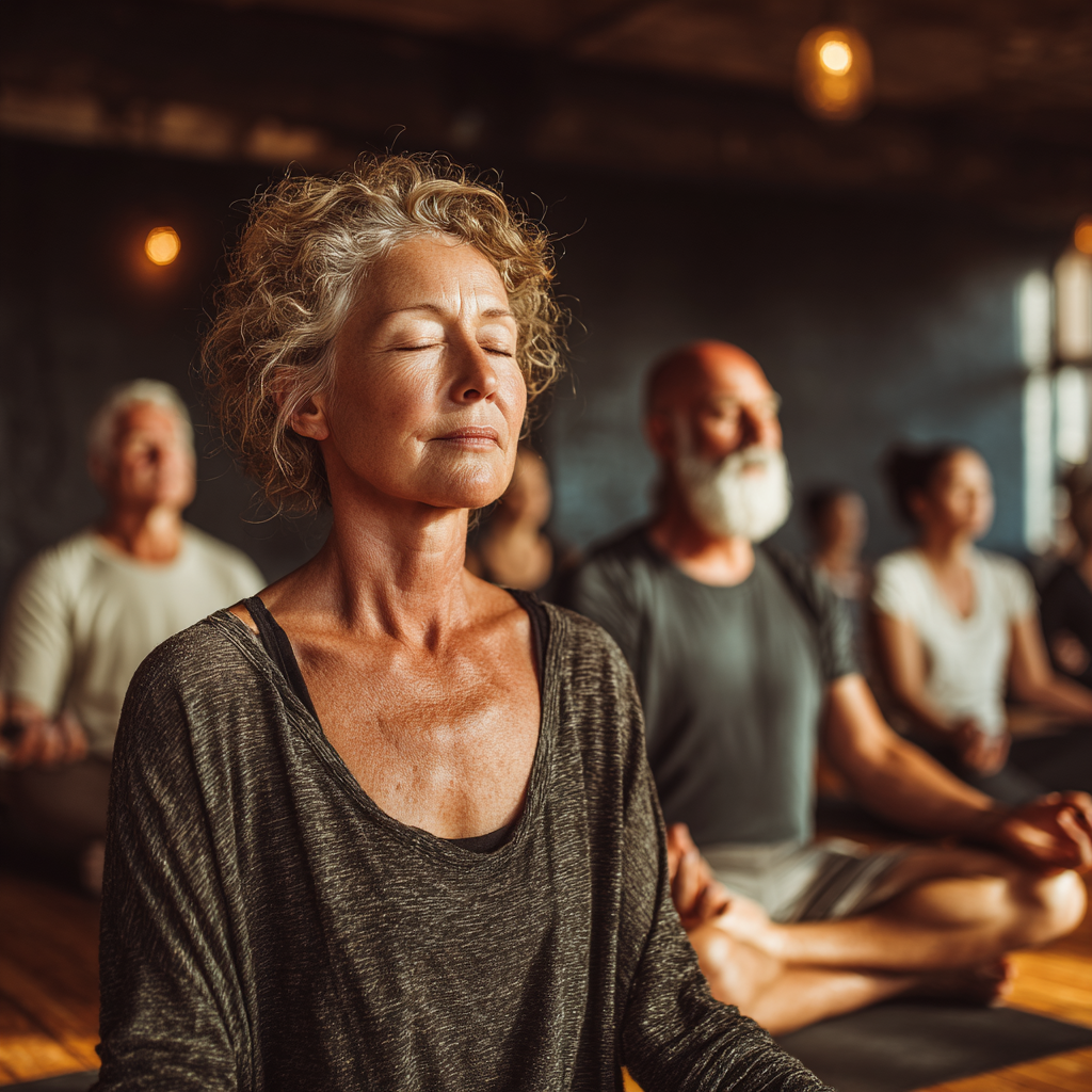 Peaceful yoga class with diverse group of people in their 40s-50s practicing meditation in seated position